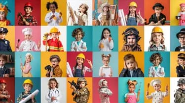 Collage of children dressed as various professionals, including chefs, doctors, firefighters, and astronauts, against colorful backgrounds.
