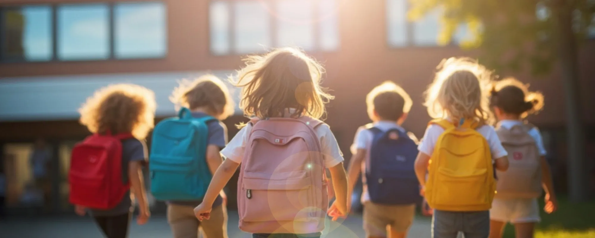 Children with colorful backpacks walk toward a school building, bathed in warm sunlight.