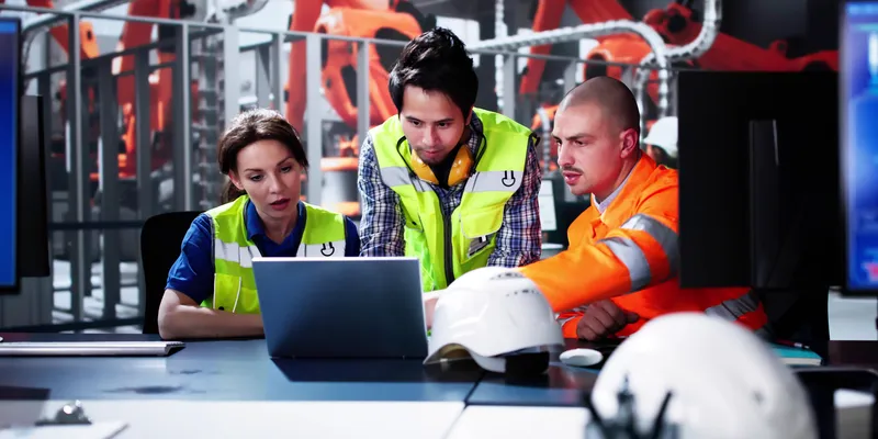 Group of two men and one woman working at computer in a car factory - Andrey Popov / Adobe Stock