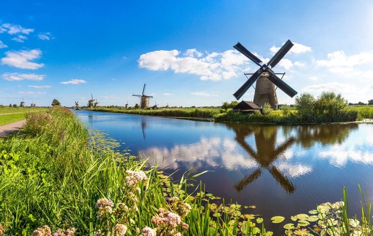Windmills and canal at Kinderdijk in the Netherlands