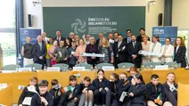 Representatives and visitors at the Eurofound Open Day 2026 pose inside the conference centre